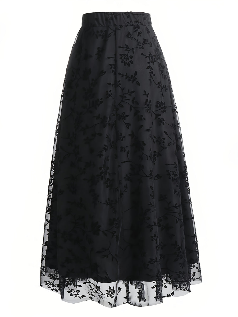New High-Waisted Mesh Skirt with Loose Floral Embroidery A-Line for Women - Black