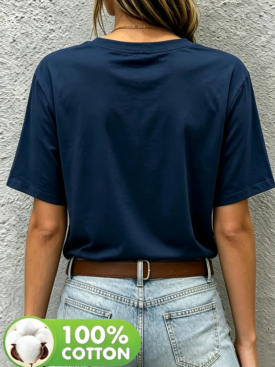 New Round Neck Short Sleeve T-Shirt, Comfortable Breathable Fashion Women'S Round Neck Short Sleeve T-Shirt, Casual Elegant Clothing, Spring Summer Elegant Fashion - Navy blue color