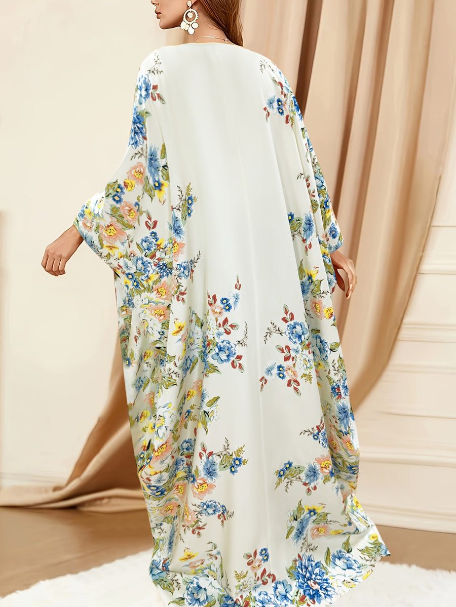 Eid & Ramadan Modest Maxi Dress - Middle Eastern-Inspired Batwing Sleeves, Loose Fit Floral Print, Machine Washable All-Season Comfort for Women, Cultural Attire, Middle Eastern Style, Comfortable Fashion - Milky