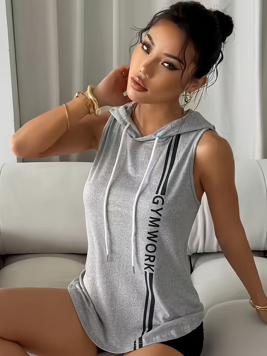 Heather Gray Sleeveless Hooded Tank Top with 'GYM WORK' Stripes - Casual Athletic Gym Wear - Light Grey