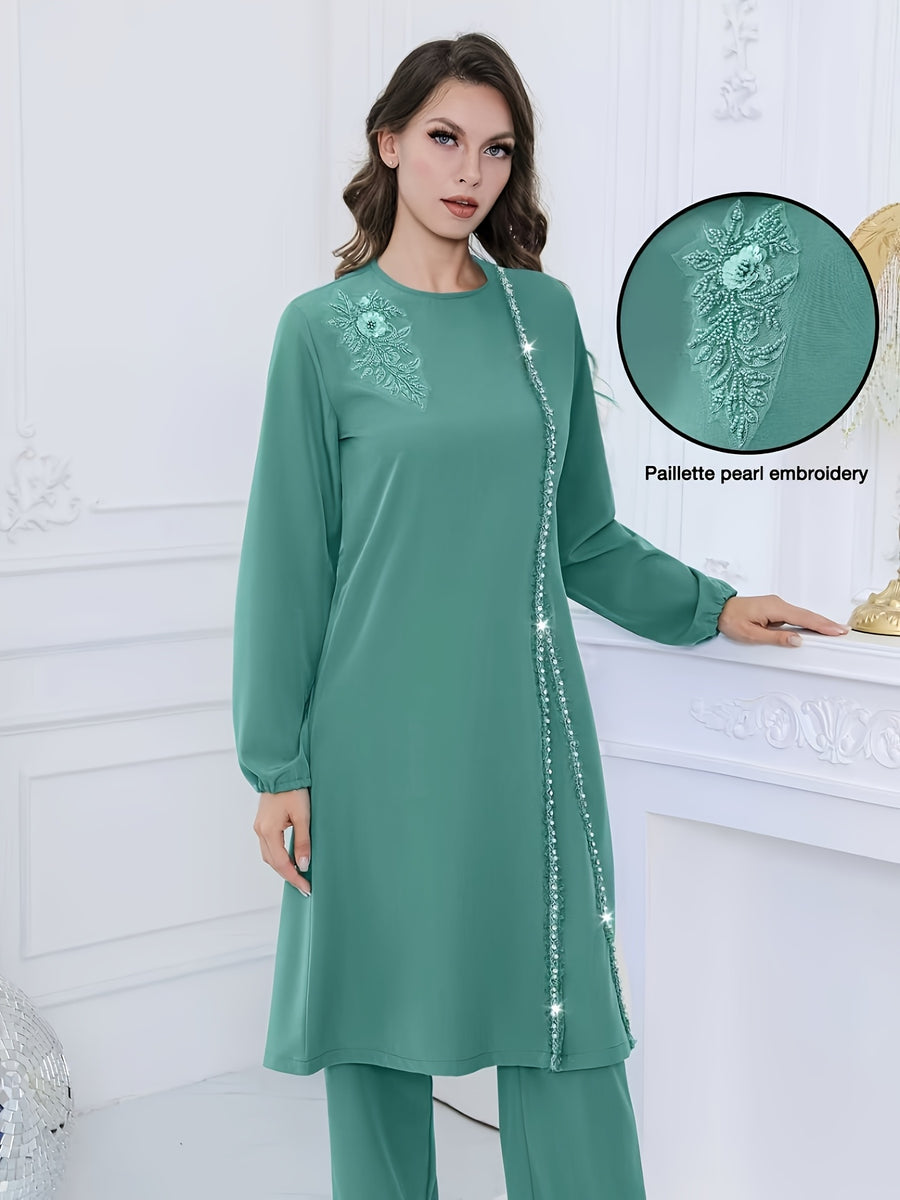 Women'S Sequined Flower Bead Embroidery Rhinestone Decorated Round Neck Long Sleeve Top with Drawstring Adjustable Pants, Elegant Business Fashion Design, Suitable for Festival Party Two-Piece Set - Ocean Green