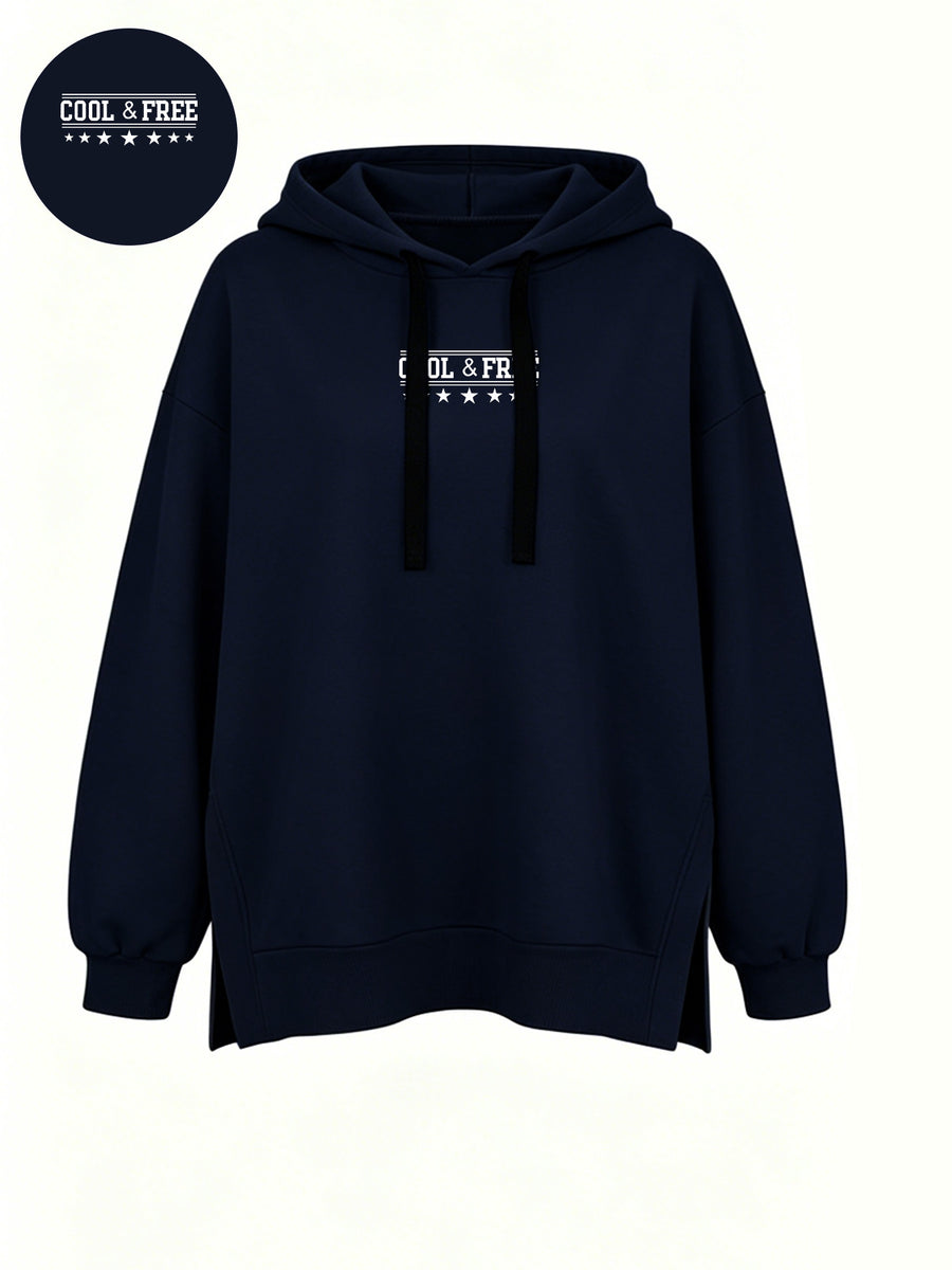 Women'S Fashion Hooded Sweatshirt for Autumn And Winter - Pattern Print Design, Side Slit Detail, Pullover Hoodie - Navy Color