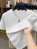 [Qiaoximei OBM] Collarless Men'S Top, Summer New Men'S Collarless Henley Shirt, Fake Button Decoration, Men'S Easy Wear, Suitable for Casual Outings And All-Match Style, Men'S Gift - White