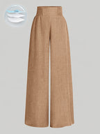 Women'S Casual Wide Leg Pants, Elastic Waist, Solid Color, Polyester 100%, Loose Fit, Long Length, Woven Fabric, 200g/m², for Spring/Fall, Weekend Casual Wear - Khaki
