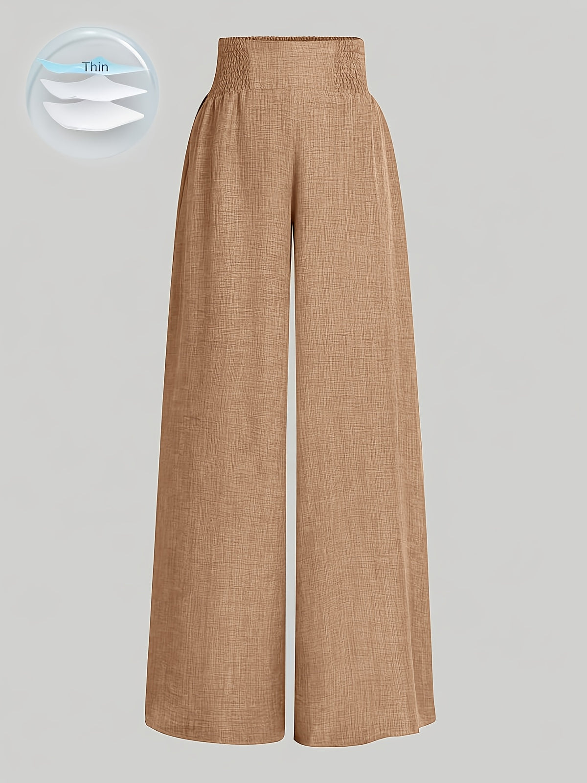Women'S Casual Wide Leg Pants, Elastic Waist, Solid Color, Polyester 100%, Loose Fit, Long Length, Woven Fabric, 200g/m², for Spring/Fall, Weekend Casual Wear - Khaki