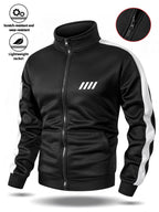 Easy Men'S Stand-Collar Sports Cardigan, Two-Tone Contrast Striped Stiff Jacket with Minimalist Chest Line Print, Suitable for Outdoor Camping Hiking Fitness Daily Commute Long-Sleeve Jacket - Black