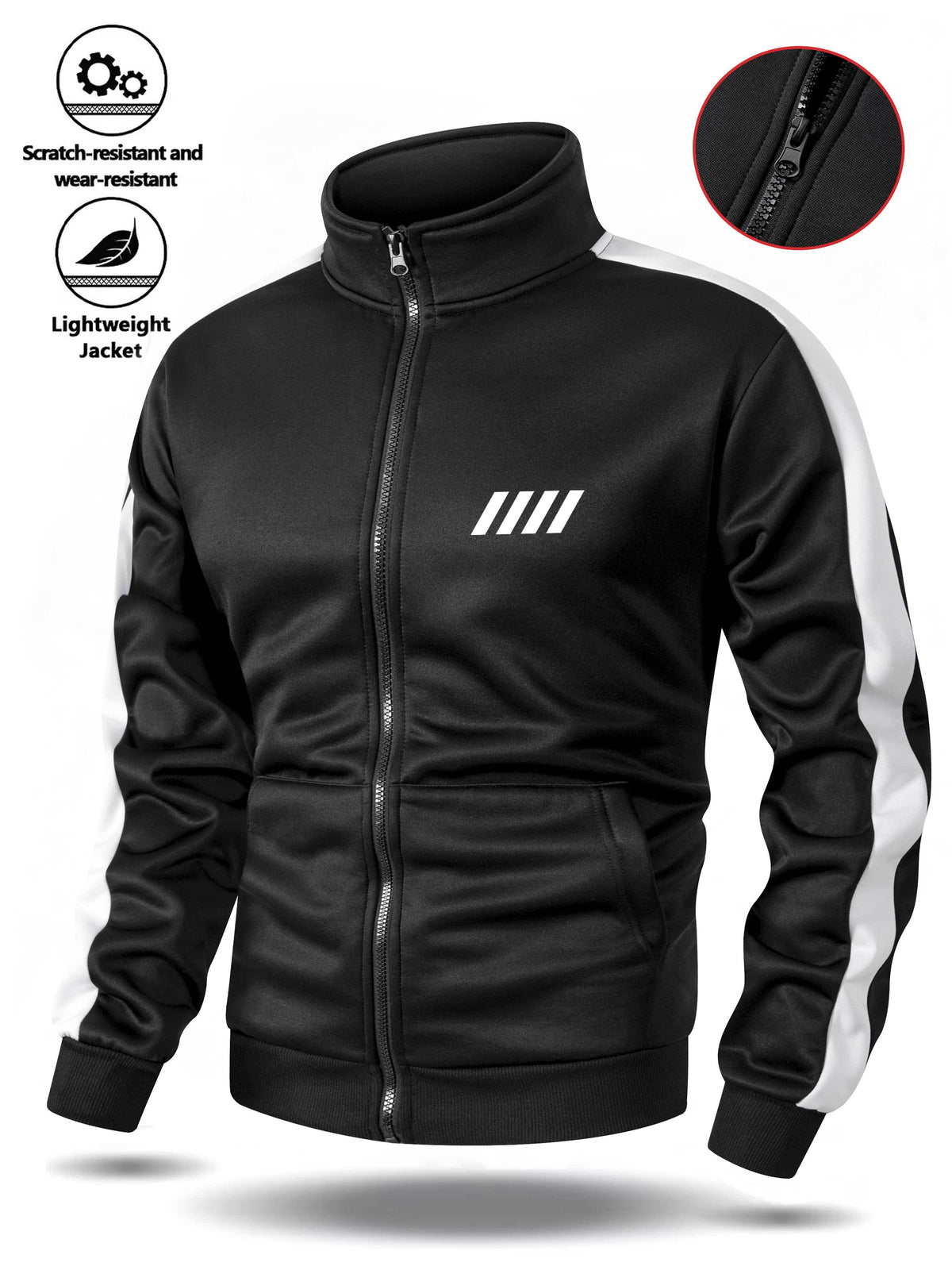 Easy Men'S Stand-Collar Sports Cardigan, Two-Tone Contrast Striped Stiff Jacket with Minimalist Chest Line Print, Suitable for Outdoor Camping Hiking Fitness Daily Commute Long-Sleeve Jacket - Black
