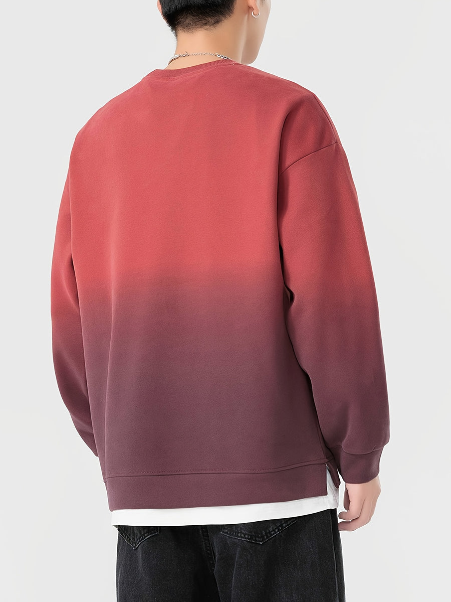 New Autumn Round Neck Sweatshirt, Men's  Gradient Color 2-in-1 Look Hem Sweatshirt, Burgundy Gradient - Burgundy
