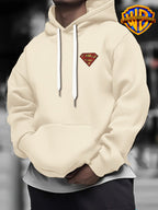 WB Warner Bros Official Superman Vintage Hoodie - Men's & Unisex Distressed Shield Logo Sweatshirt with S-Shield Back Print, Adjustable Hood, Loose Fit, Double-Sided Iconic WB Logo & Superman Emblem for Casual Wear, Machine Washable Warmth - Apricot