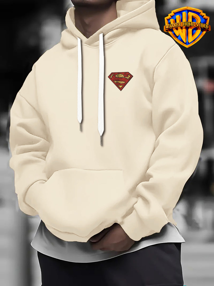 WB Warner Bros Official Superman Vintage Hoodie - Men's & Unisex Distressed Shield Logo Sweatshirt with S-Shield Back Print, Adjustable Hood, Loose Fit, Double-Sided Iconic WB Logo & Superman Emblem for Casual Wear, Machine Washable Warmth - Apricot