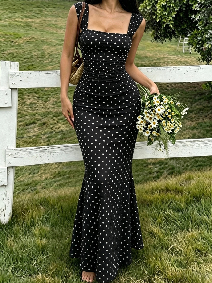 Elegant Women's Polka-dot Printed Maxi Dress with a Square Neckline, Body-hugging Mermaid Hem, and Thigh-high Slit Design - Black