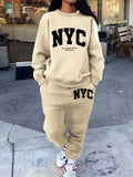 NYC Print Women'S Round Neck Casual Set 2pcs Outfit Spring Fall Outfit - Apricot