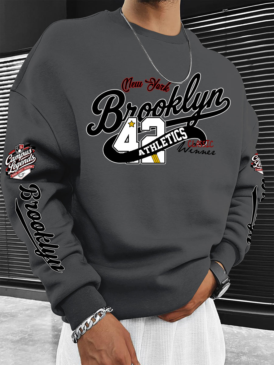 New Men's Crew Neck Sweatshirt, American Vintage Style with City Name Letter Print - Dark Gray