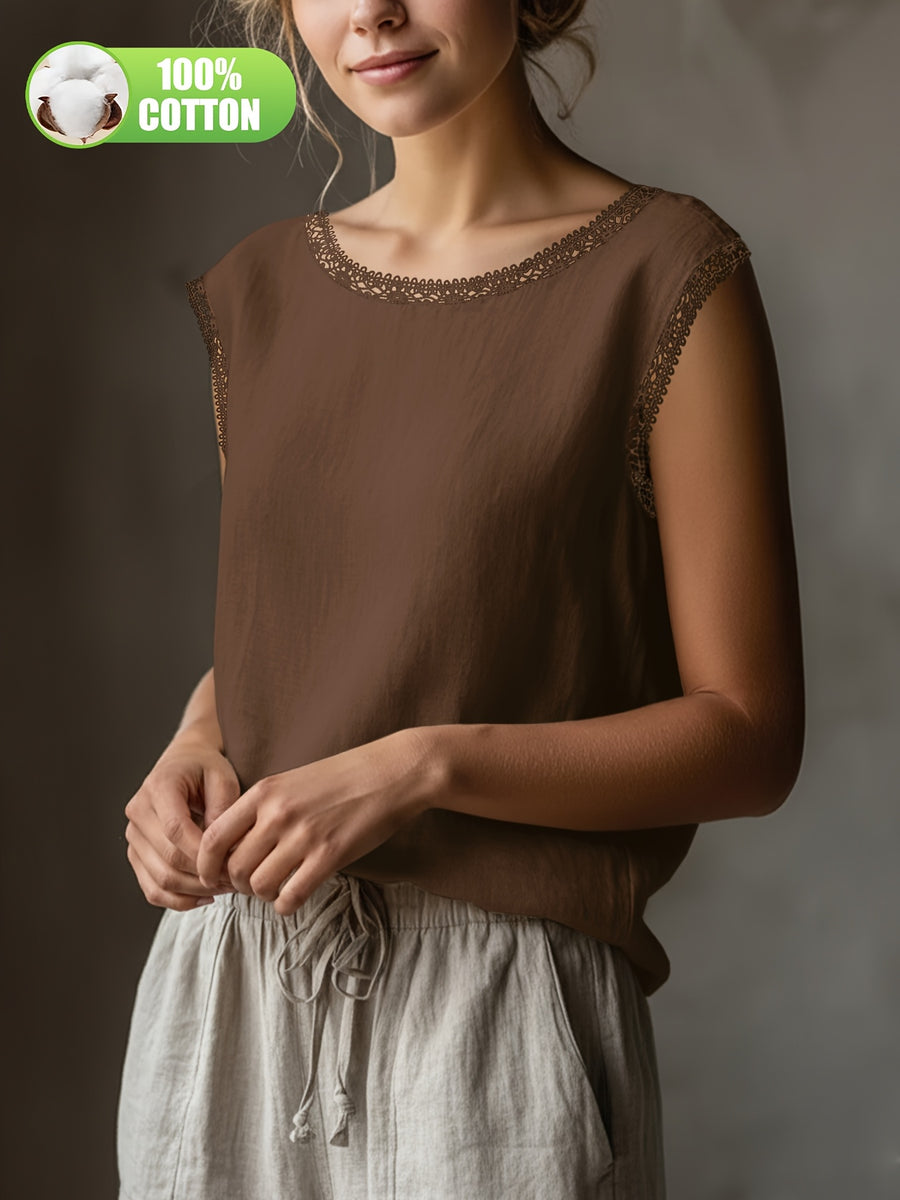 Summer Women'S Literary All- Retro Shirt 100% Top Lace Hollow Collar Loose Casual Versatile Everyday ASD1 - Brown