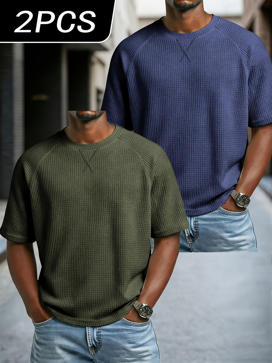 Men'S 2 pc Waffle Knit T Shirts Short Sleeve Crew Neck, Breathable Textured Fabric Casual Tops, Lightweight Soft Comfortable Fit, Ideal for Daily Wear, Travel, Street Fashion And Warm Weather Style - Army Green+Navy Blue