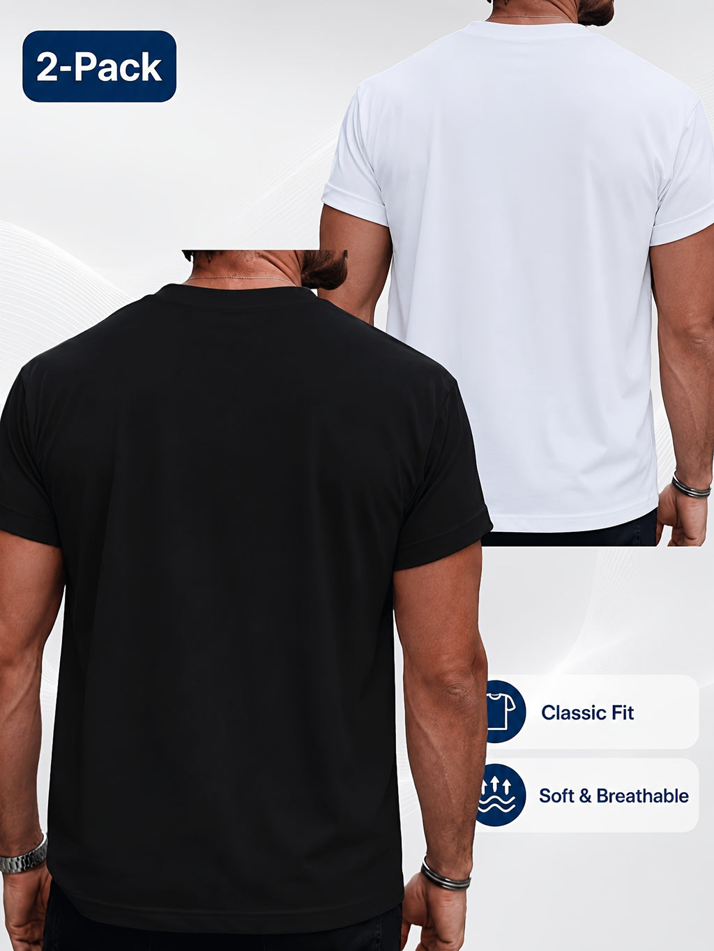 2pcs Men'S Round Neck Short Sleeve Top Set, Round Neck Solid Color Casual Versatile Style, Skin-Friendly Blend Fabric, Suitable for Casual Commuting And Home Wear - White+black