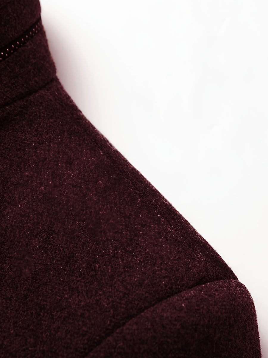 New Men's Tweed Jacket, Mao Suit Style Stand Collar Autumn/Winter Outerwear, Men's Tweed Sports Jacket - Burgundy