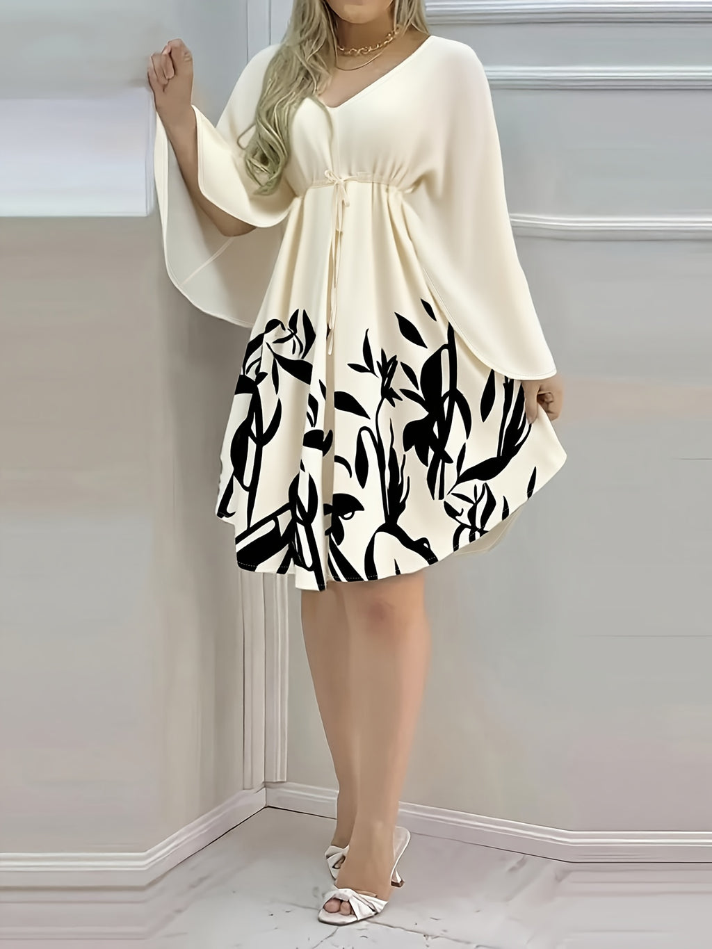 Spring And Summer New Women'S Hot Style Floral Print Tie-Up Vacation Casual Elegant Stylish V-Neck Dress - Beige