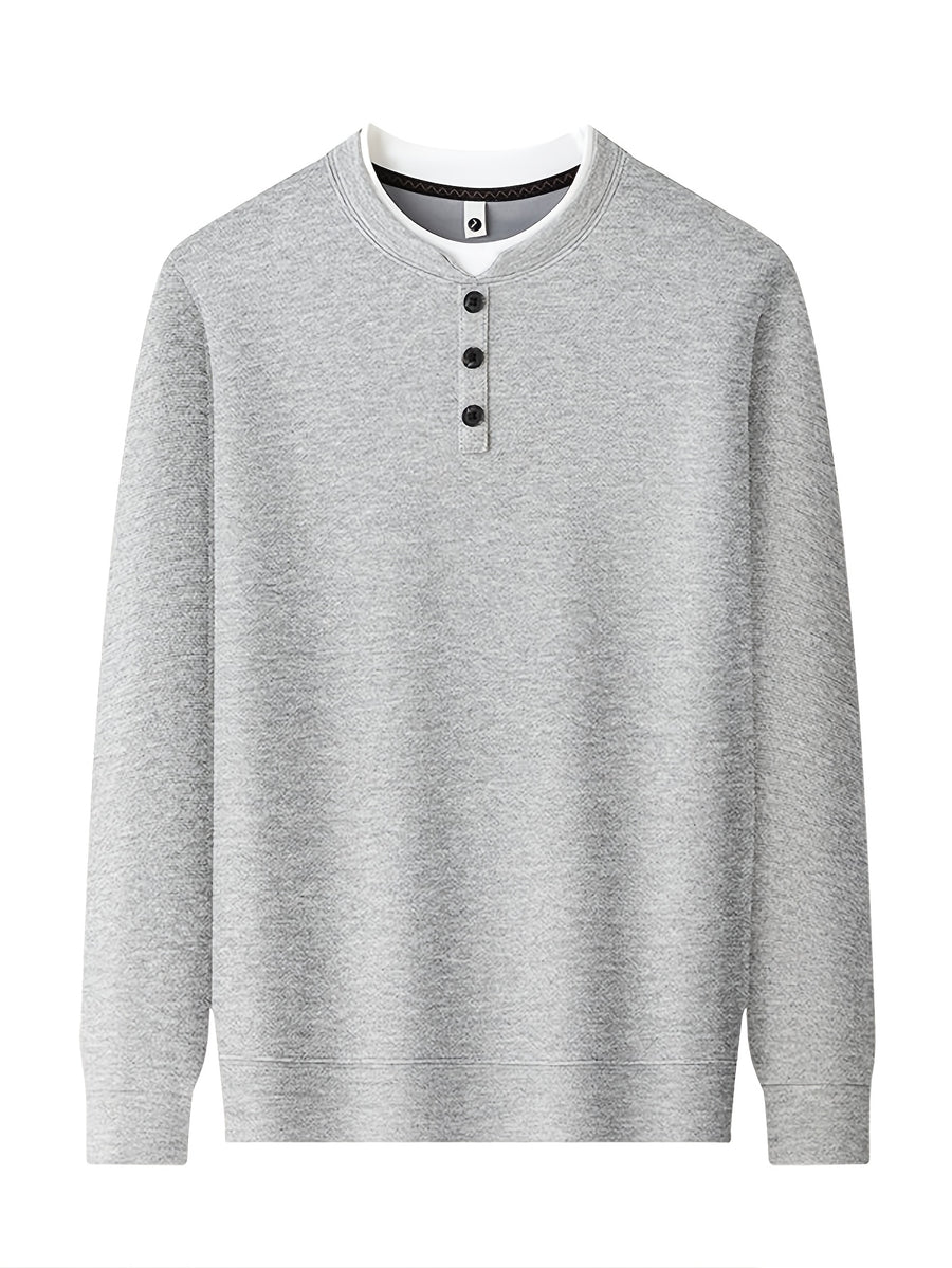 Men'S 3-Button Round Neck Faux Two-Piece Spring/Autumn Solid Color Sweatshirt, Regular Shoulder Long Sleeve Pullover, Spring/Autumn Season, Wearable As Single Piece Or Layering Piece - SINBOS - Light Grey