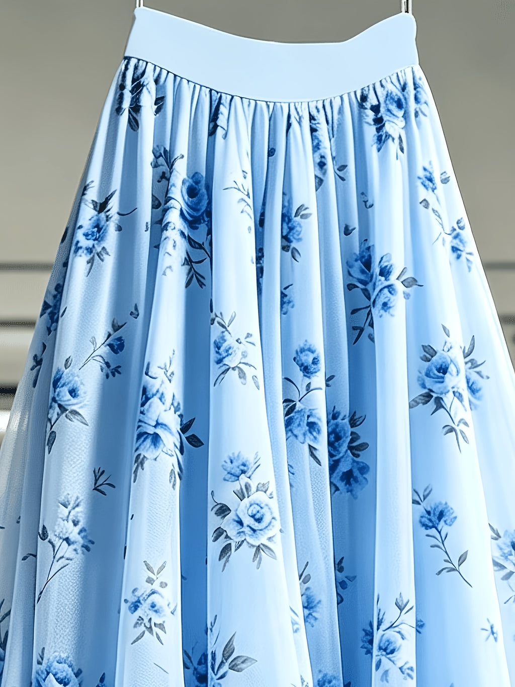 New Women's Mesh Floral Print Flared Skirt with Irregular Hem, Suitable for Banquets, Dates, and Parties - Sky Blue
