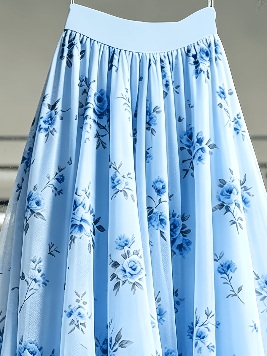 New Women's Mesh Floral Print Flared Skirt with Irregular Hem, Suitable for Banquets, Dates, and Parties - Sky Blue