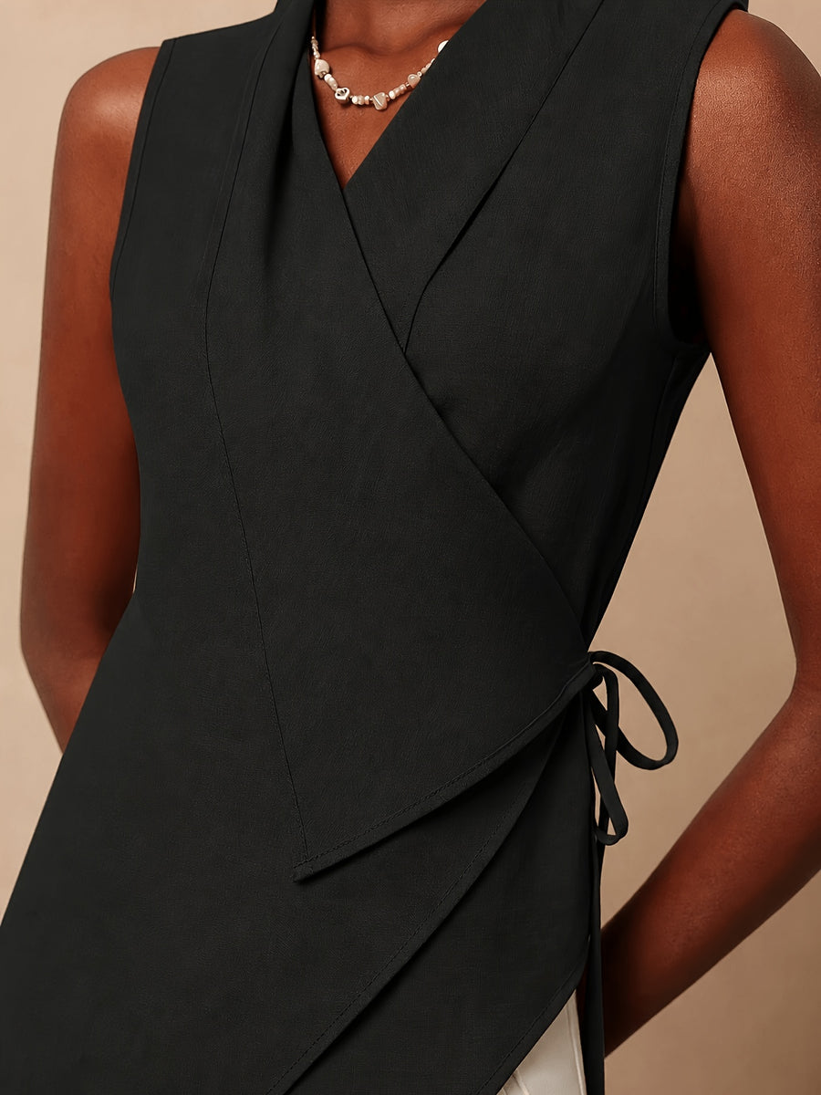 Women'S Solid Color Knotted Asymmetrical Hem Casual Versatile Daily Wear Shirt - Black