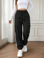 2026 New Striped Drawstring Elastic Waist Sporty Casual Women's Cargo Pants - Black
