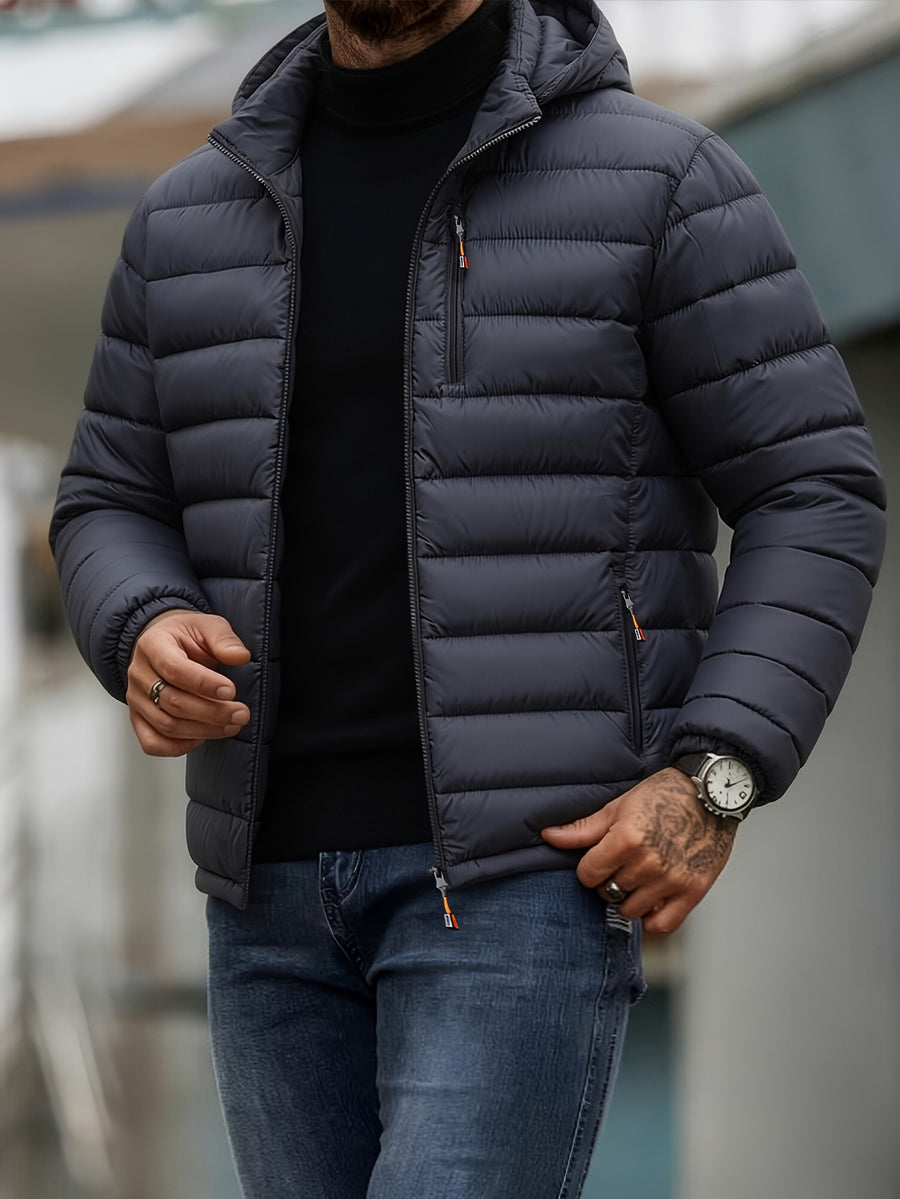 Autumn/Winter Men's Lightweight Zipper Hooded Jacket, Windproof and Warm Outdoor Hiking Travel Casual Jacket, Business Casual Short Padded Coat, Winter Inner Layer Top - Grey