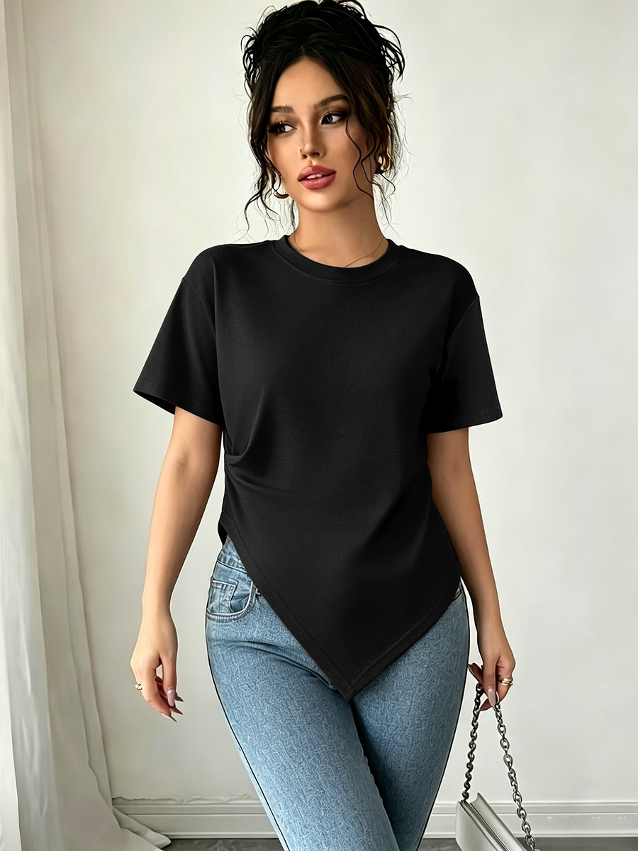 Women's Summer Round Neck Irregular Diagonal Hem Short Sleeve T-Shirt with Side Pleats, Waist-Defining Slim Fit, Unique Niche Design, Versatile Solid Color Pullover Top - Black