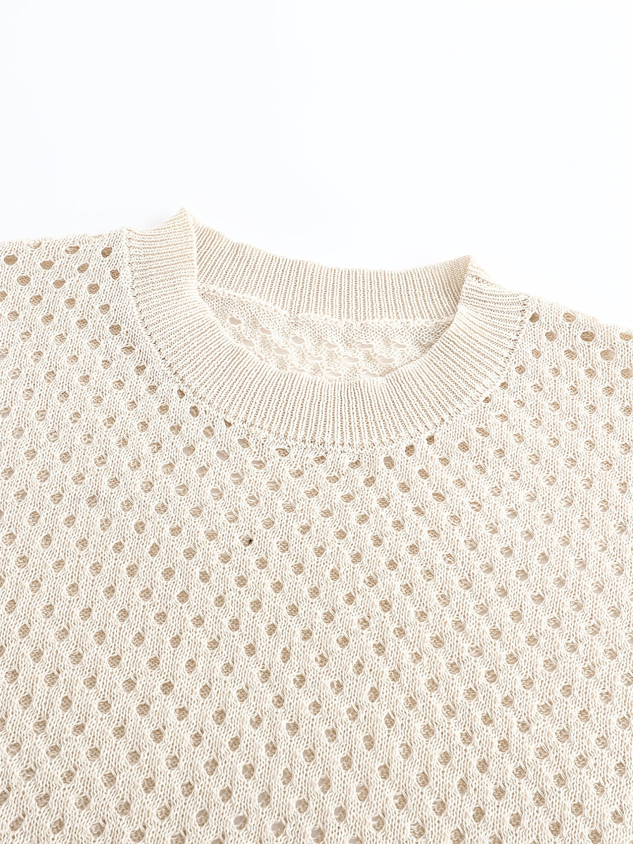Men's Round Neck Short Sleeve Spring/Summer New Hollow Knit Fitted Style Casual Knit Shirt - Apricot