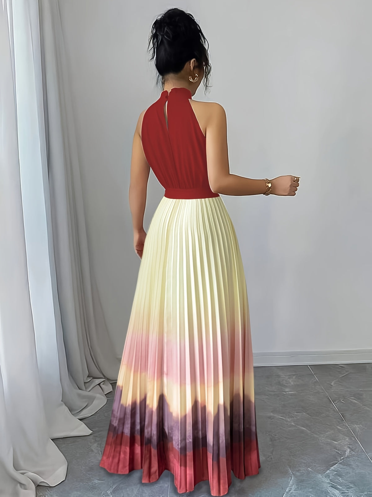 Elegant Romantic Ruffled Neckline And Waist Tie A-Line Pleated Gradient Maxi Dress - Mixed colors