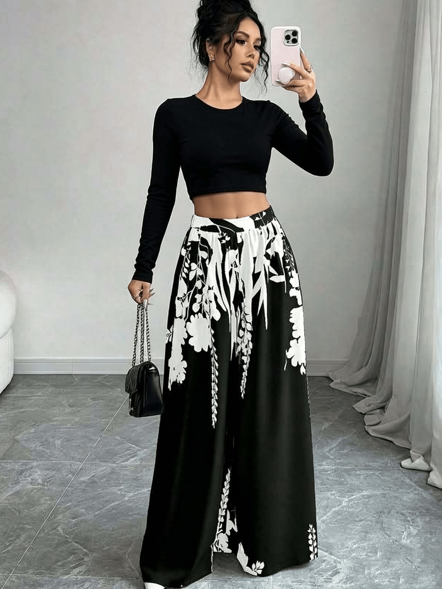 Black White Floral Print Wide Leg Pants Summer Autumn High Waist Palazzo Trousers - Deep Grey