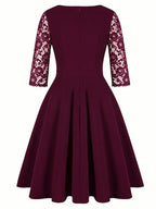 Women'S Fashion Vintage Square Neck Floral Lace Party Swing Dress - Burgundy