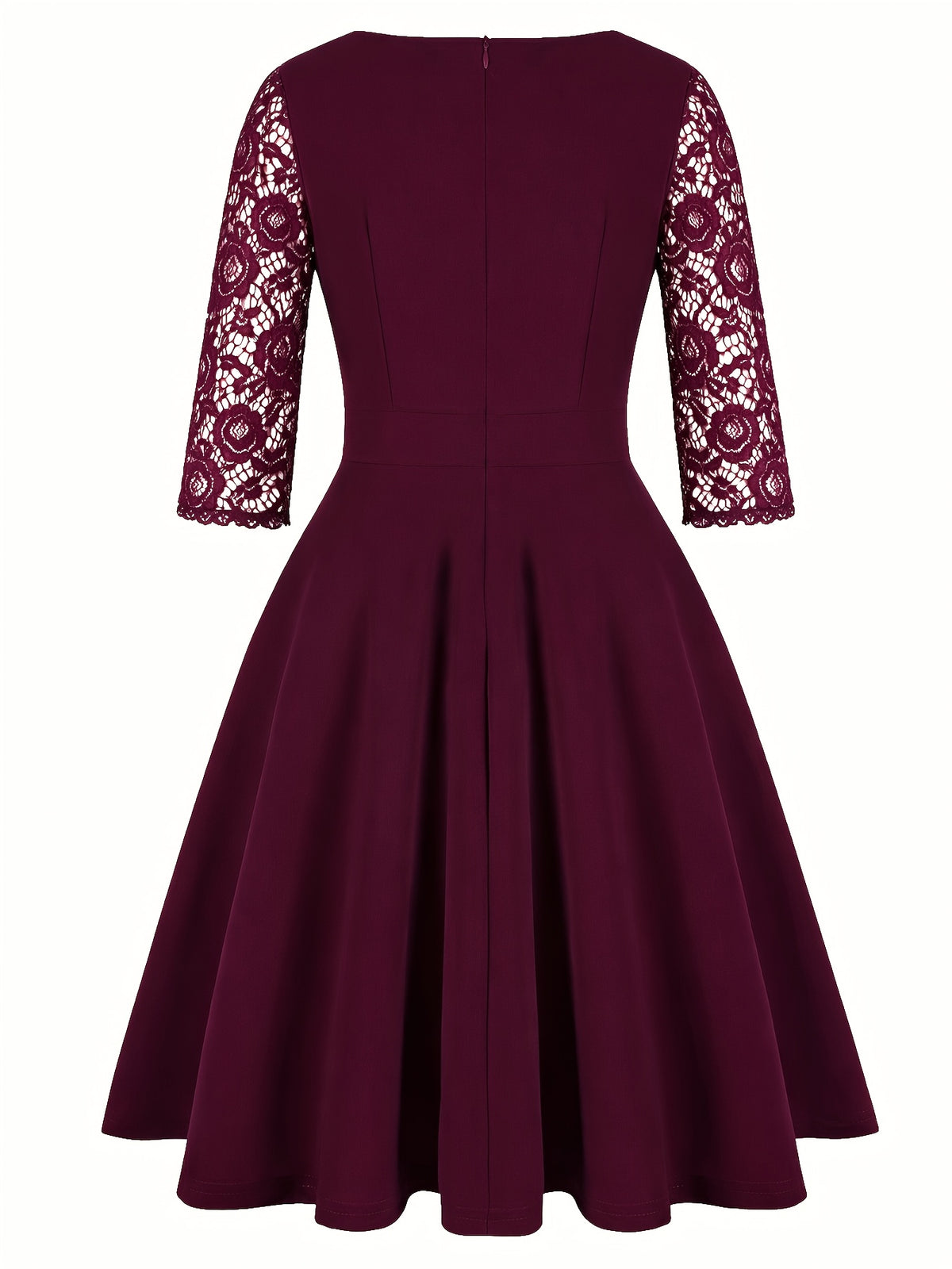 Women'S Fashion Vintage Square Neck Floral Lace Party Swing Dress - Burgundy
