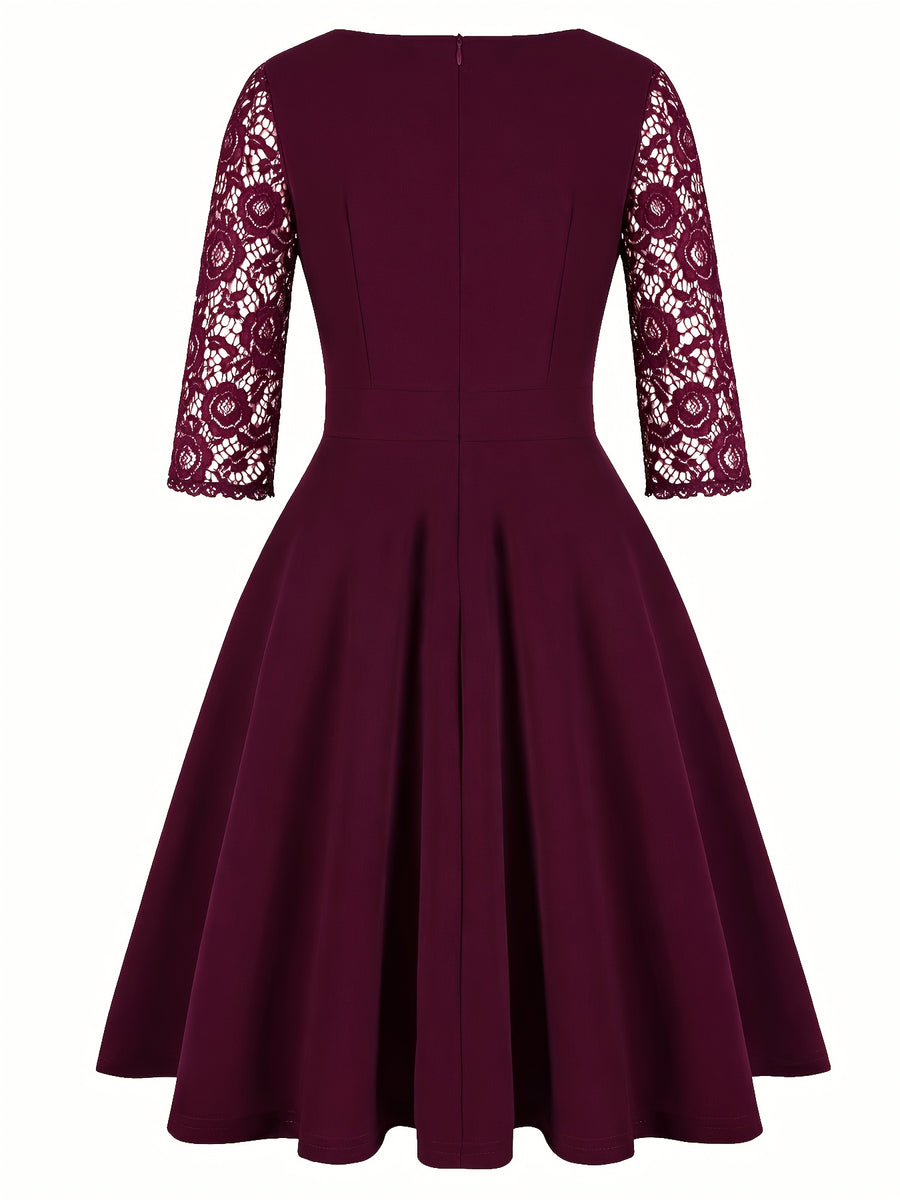 Women'S Fashion Vintage Square Neck Floral Lace Party Swing Dress - Burgundy