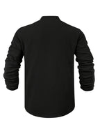 Men's American Style Linen Henley Long Sleeve T-Shirt, for Autumn, Loose Casual Breathable V-Neck Henley Top with Chest Logo Patch - Black
