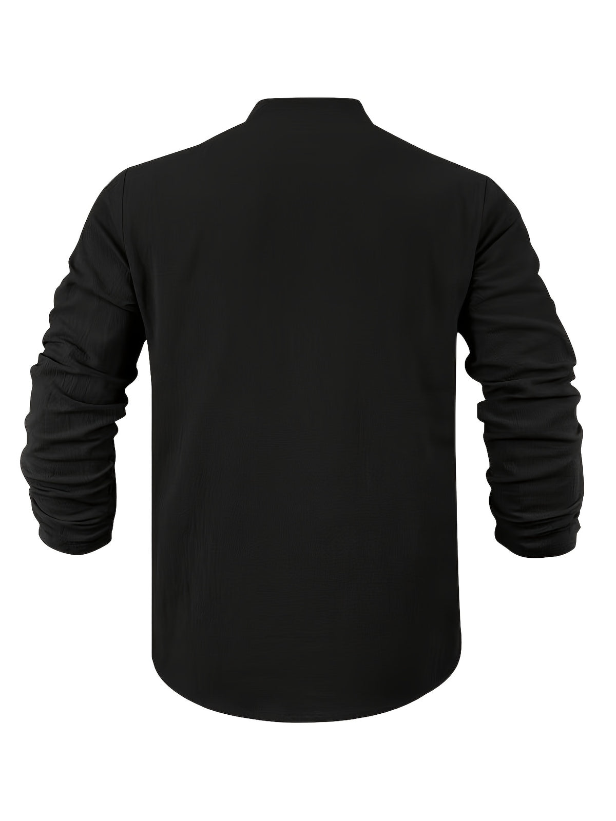 Men's American Style Linen Henley Long Sleeve T-Shirt, for Autumn, Loose Casual Breathable V-Neck Henley Top with Chest Logo Patch - Black