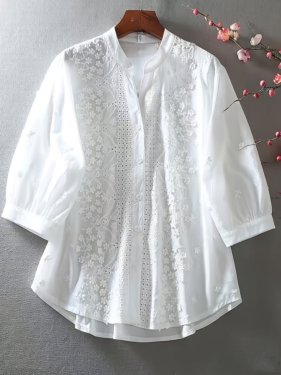 New Vintage Style Stand Collar Loose-Fit Casual Versatile Shirt with Three-Dimensional Embroidery, Artistic Top - White