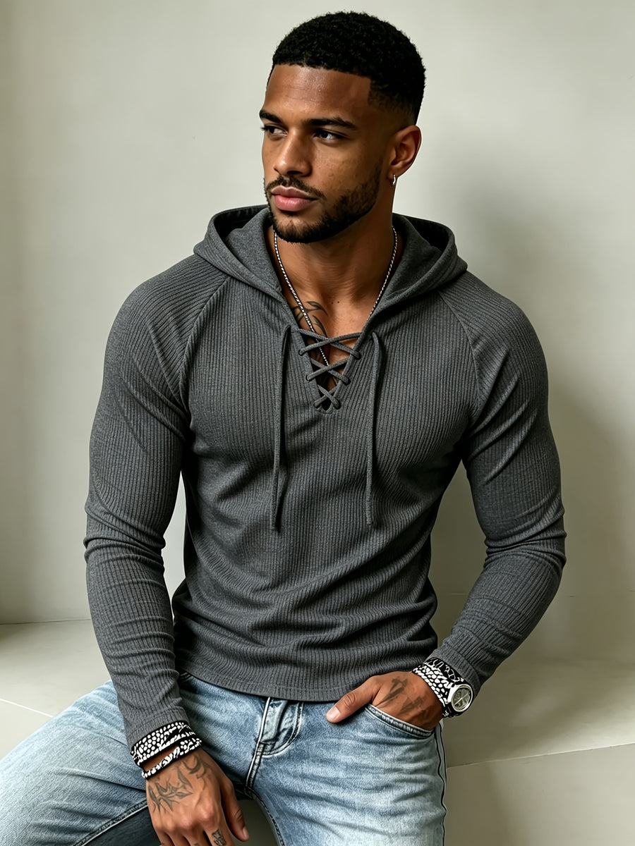 European and American Style Men's Houndstooth Hooded Long Sleeve T-Shirt with Criss-Cross Lace-Up Deep V, Solid Color Stretchy Body-Hugging Sport Hoodie, Versatile Everyday Pullover - Dark Gray