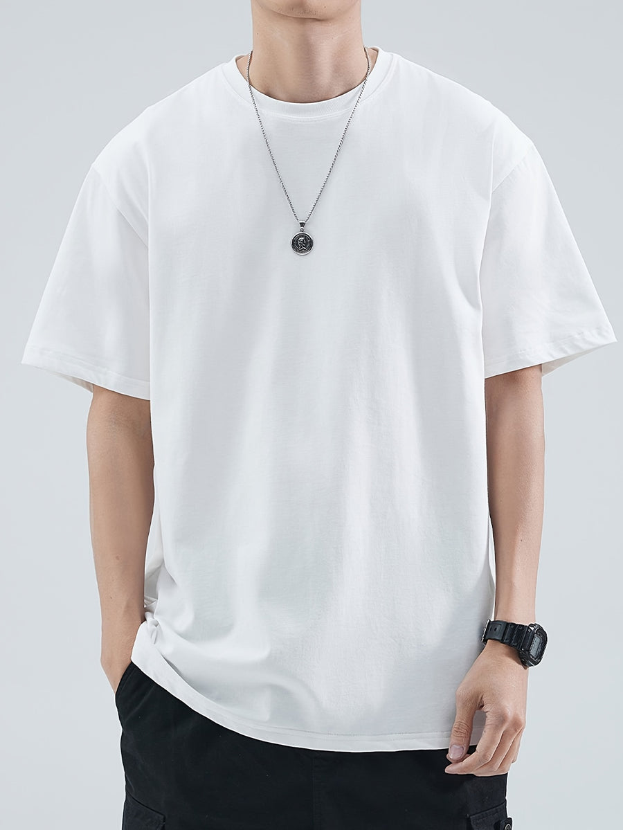 Men's Basic Round-neck Pure Short-sleeve T-shirt, Unisex Essential for Daily Casual Wear, Breathable and Soft - White