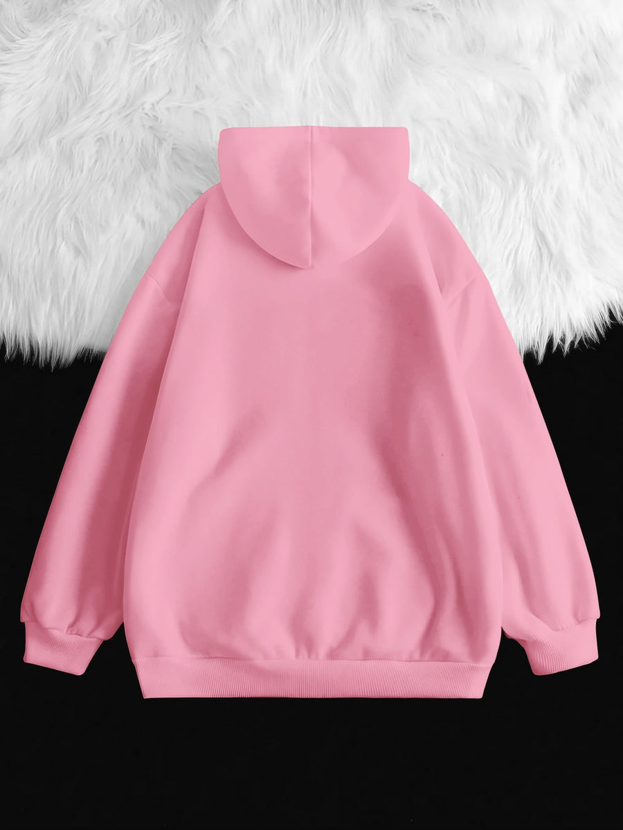American Casual Style Women's Sweatshirt with Letter Print, Casual Zip-Up Hoodie in Loose Fit, Suitable for Autumn & Winter Wear - Pink Color