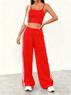 Spring/Summer New Women's Outfit Set, Crop Top + Wide-Leg Pants with Contrast Side Stripes - American y Style & Korean Lazy Chic Look - Red 1