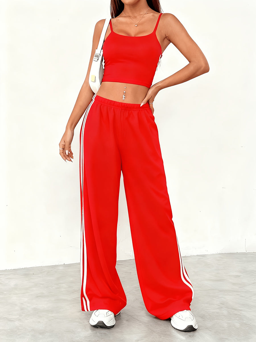 Spring/Summer New Women's Outfit Set, Crop Top + Wide-Leg Pants with Contrast Side Stripes - American y Style & Korean Lazy Chic Look - Red 1