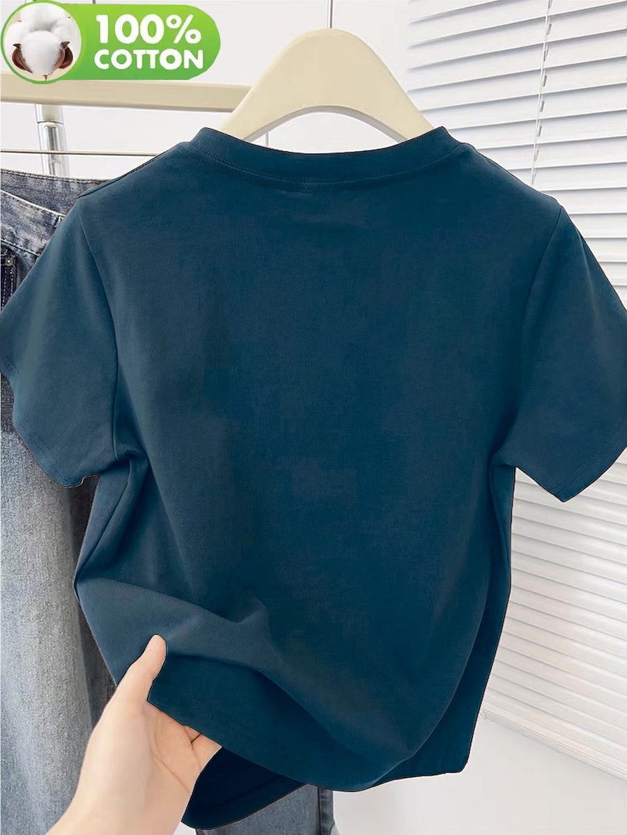100% Women's T-Shirt, Summer Short Sleeve Thin Top, Trendy and Fashionable Standard Fit, Comfortable and Breathable, Loose and, Simple and Fresh with Plant and Floral Pattern - Blue