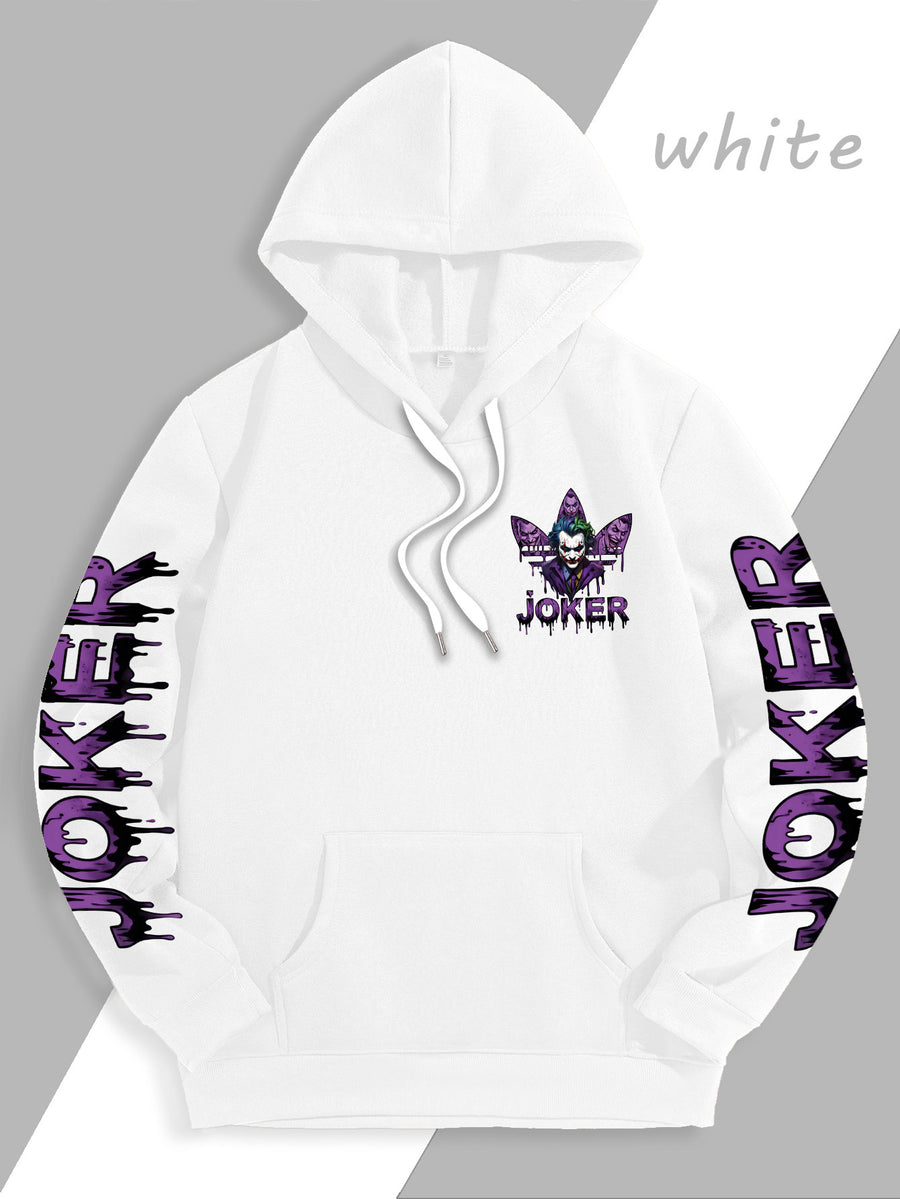 Warner Bros. DC JOKER Purple and Black Graffiti Portrait Men's Fashion Hooded Sweatshirt, Sleeve Print Design, Kangaroo Pocket, Drawstring Hood, Suitable for Daily Wear and Outdoor Sports, an Excellent Choice for Warmth - White