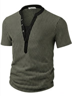 ROYALBOY Spring New Dual-Tone Roman Stripe Individual Patchwork V-Neck Short Sleeve, Casual All-Match Commute Essential - Military Green