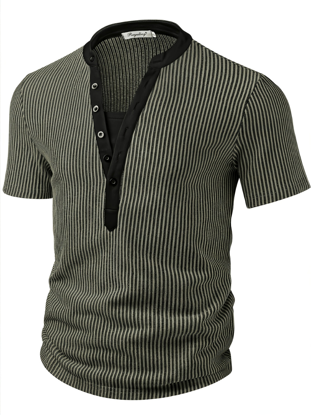 ROYALBOY Spring New Dual-Tone Roman Stripe Individual Patchwork V-Neck Short Sleeve, Casual All-Match Commute Essential - Military Green