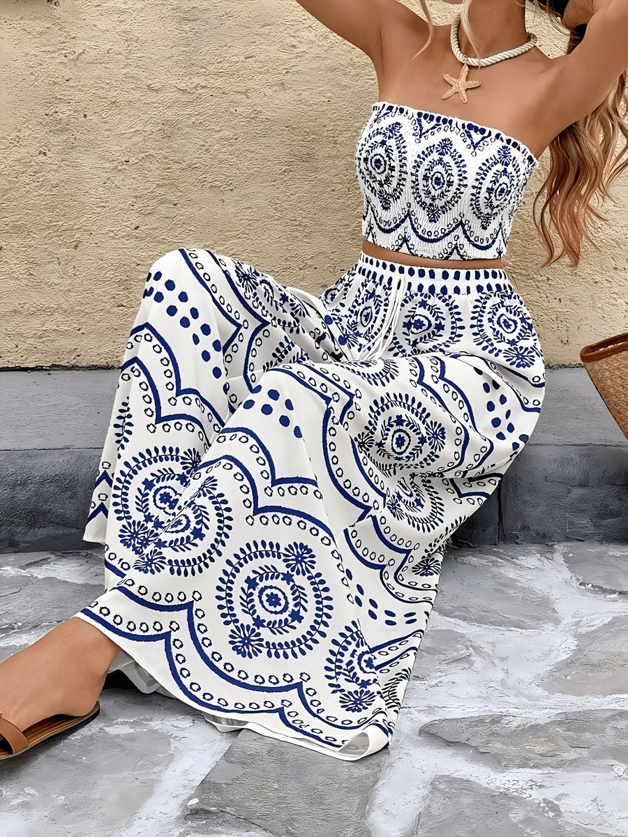 Women'S Vacation Plant Print Crop Top And Wide-Leg Pants Fashion 2Pcss Set, Bohemian Style Off-Shoulder Bandeau Top And High-Waist Wide-Leg Long Pants 2Pcss Outfit, Summer Holiday Wear ZLLZ - Blue+White
