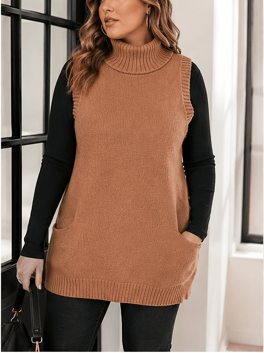 Plus Size, Solid Color High-neck Vest with Pockets, Suitable for Outdoor, Travel, Photography, and Brunch, Autumn/winter Fashion, Available in Plus Sizes - Amber