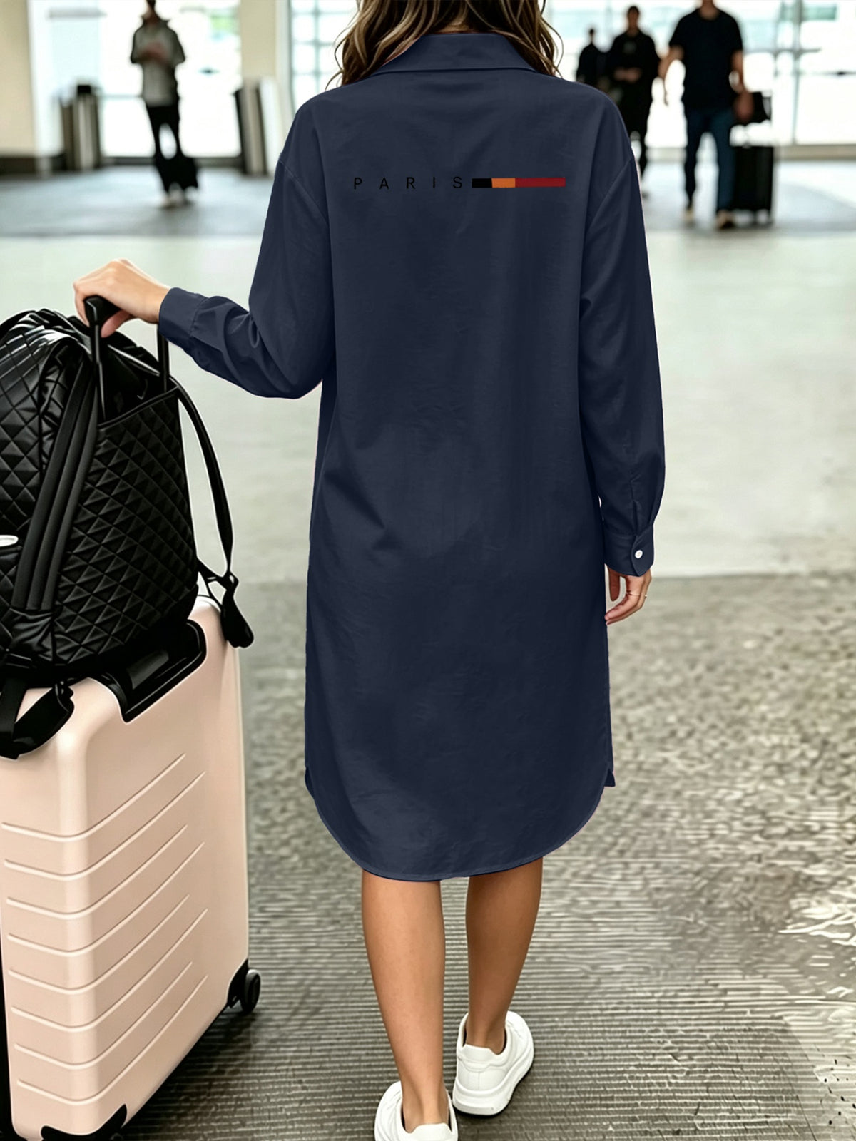 1pc Fashionable Long-Sleeve Shirt, Simple Design Showcasing Elegant Style, Printed New Y2K Style, Women's Temperamental Commuting and Vacation Wear, Casual Commuting Fashionable Versatile Long Shirt - Navy Color